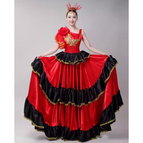Red Flamenco Dance Dresses for Women Girls Spanish Paso Double Dance Oepning dance ballroom dance Swing Skirts for female